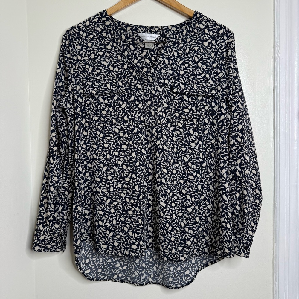 Christopher & Banks Floral Print Blouse Women’s Size Medium Navy Blue Cream